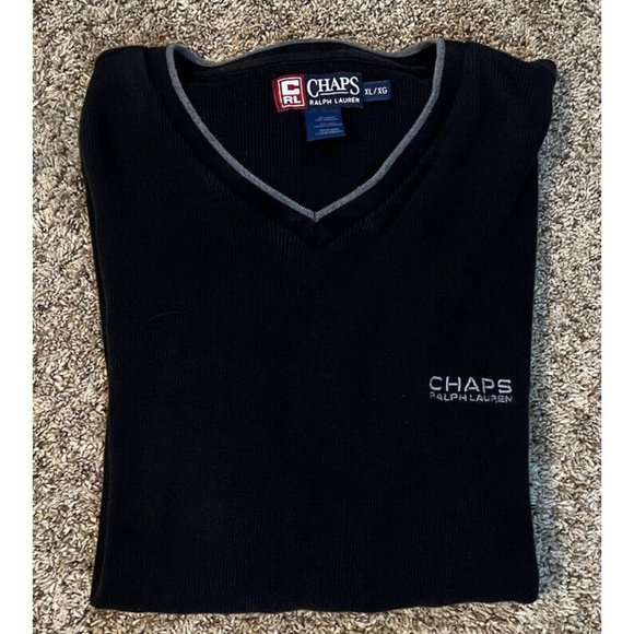 Chaps Mens V-Neck Ribbed Shirt Size XL Long Sleeve ~ Black - Picture 1 of 6